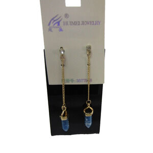 Huimei Blue Pendant Stone Chain Earring Rhinestone Dangly Gold Boho Festive Part